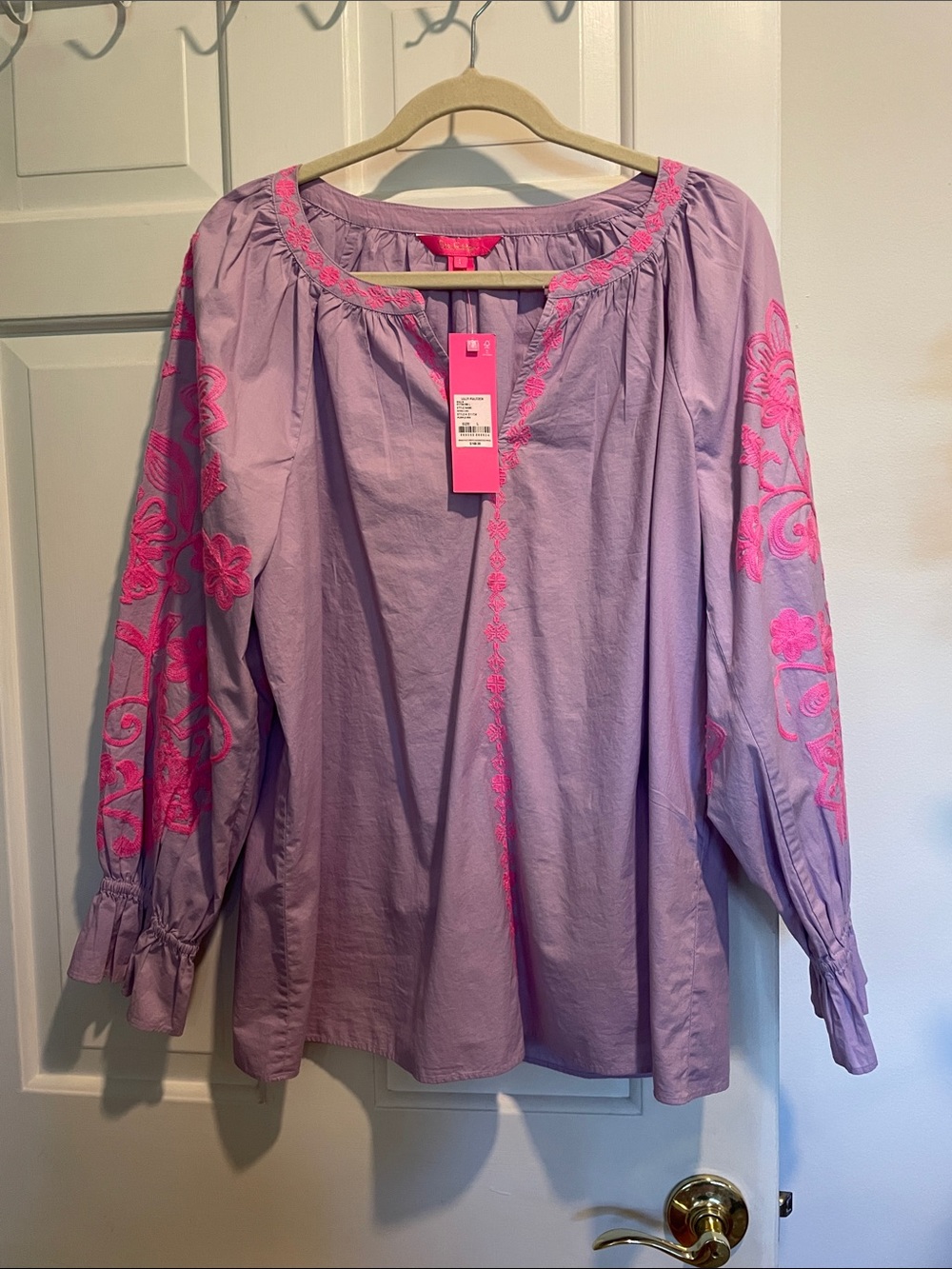 Lilly Pulitzer Lavender Peasant Blouse with Hot Pink Embroidery